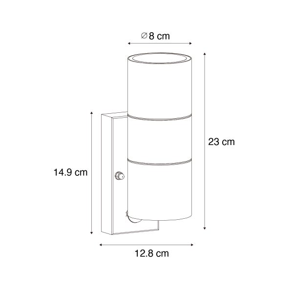 Technische Zeichnung Wandleuchte: Durchmesser 8 Zentimeter, Höhe 23 Zentimeter, Tiefe 12,8 Zentimeter, Halterung 14,9 Zentimeter.