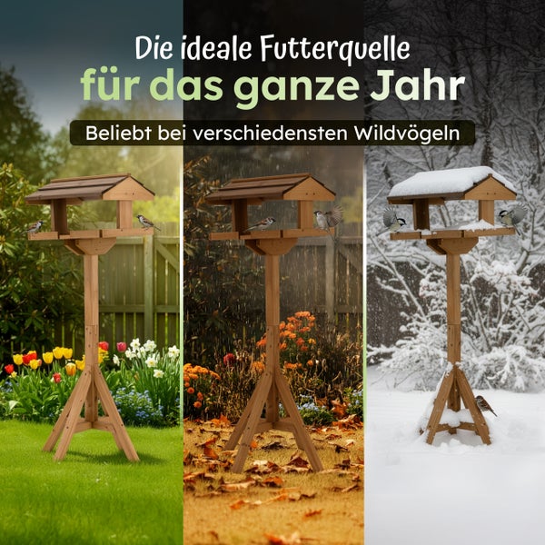 Vogelhaus aus Holz auf Standfuß für die ganzjährige Wildvogelfütterung in verschiedenen Jahreszeiten dargestellt.