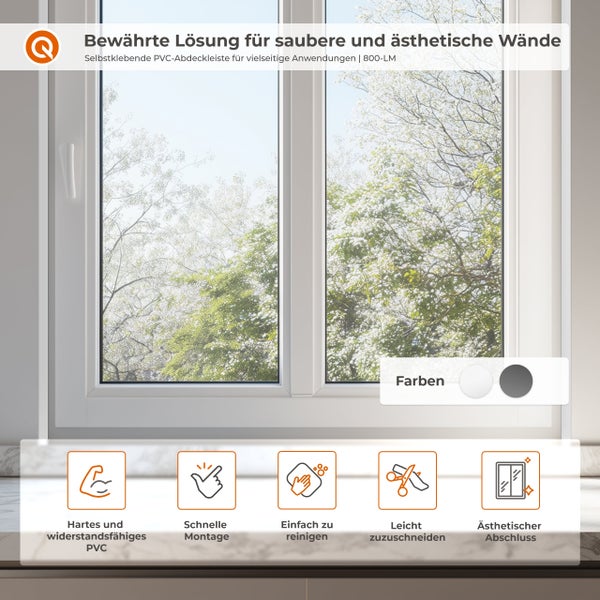 Selbstklebende PVC-Abdeckleiste für Fensteranschlüsse als saubere und ästhetische Lösung mit Montage- und Materialvorteilen für Innenbereiche.