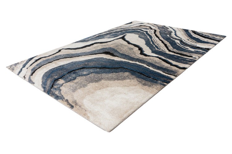 Rechteckiger Teppich mit abstraktem, wellenförmigem Design in verschiedenen Tönen.