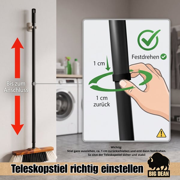 Anleitung zur richtigen Einstellung eines Teleskopstiels mit detaillierter Grafik und Sicherheitshinweisen für eine stabile Fixierung.