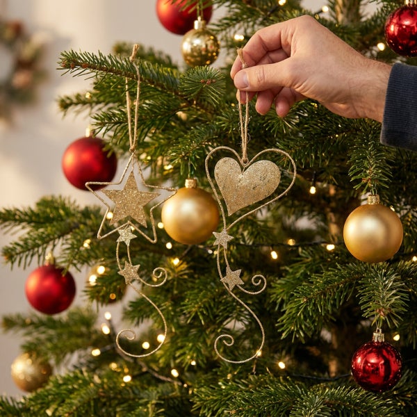 Hand hängt glitzernden Weihnachtsbaumanhänger in Herzform an einen geschmückten Tannenbaum mit Sternen und Weihnachtskugeln.