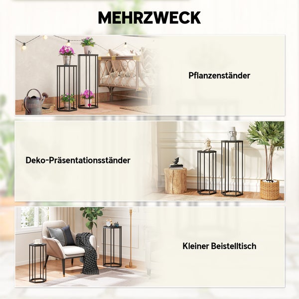 Mehrzweck-Metallständer-Set, nutzbar als Pflanzenständer, dekorativer Präsentationsständer oder kleiner Beistelltisch in verschiedenen Wohnbereichen.