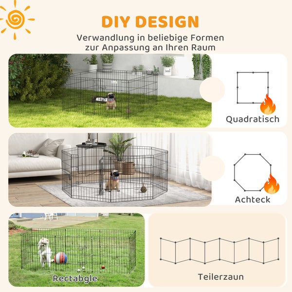 Modulares Welpenlaufgitter in quadratischer, achteckiger Form oder als Teilerzaun für Hunde im Innen- und Außenbereich.