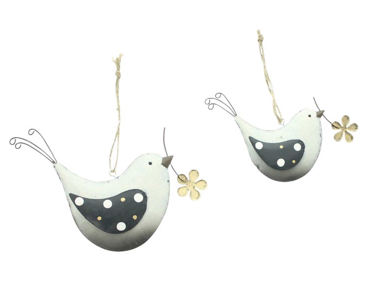 FRANK FLECHTWAREN | Hänger Vogel mit Blume, 2er Set, METALL, JUTE, 13,5 x 2,5 x 9,5 cm, 18 x 3 x 12,5 cm