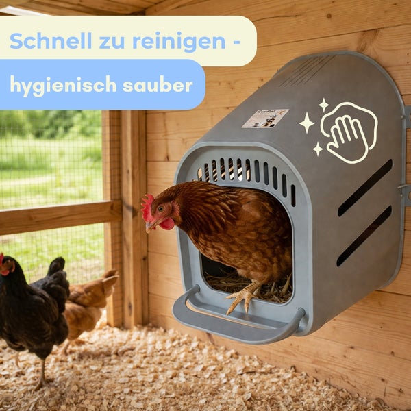 Graues Hühnerlegenest aus Kunststoff in einem Hühnerstall aus Holz, einfach zu reinigen und hygienisch.