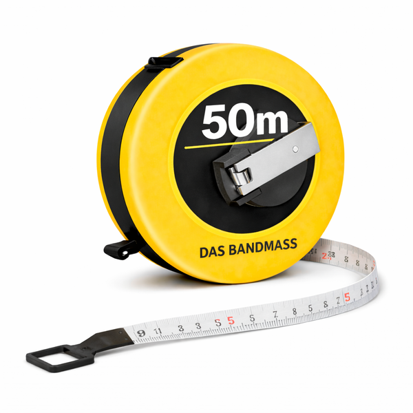 Bandmaß 50 Meter, gelbes Kunststoffgehäuse, weißes Maßband mit Skala.