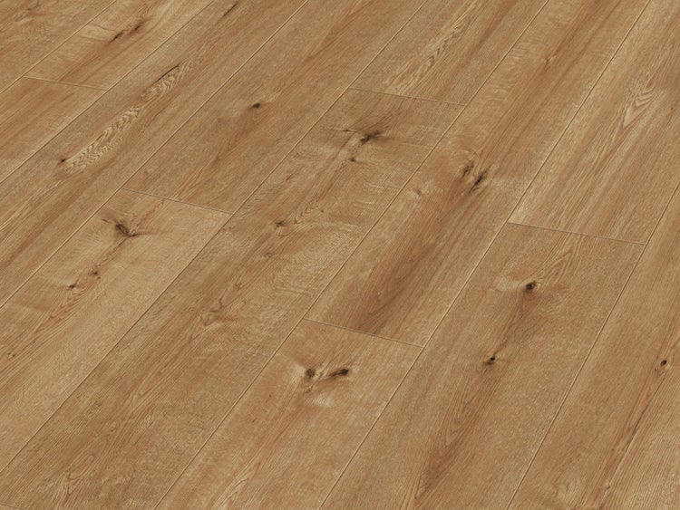 Laminatboden mit Eichenholzoptik und strukturierter Oberfläche mit Astlöchern in verlegter Ansicht.