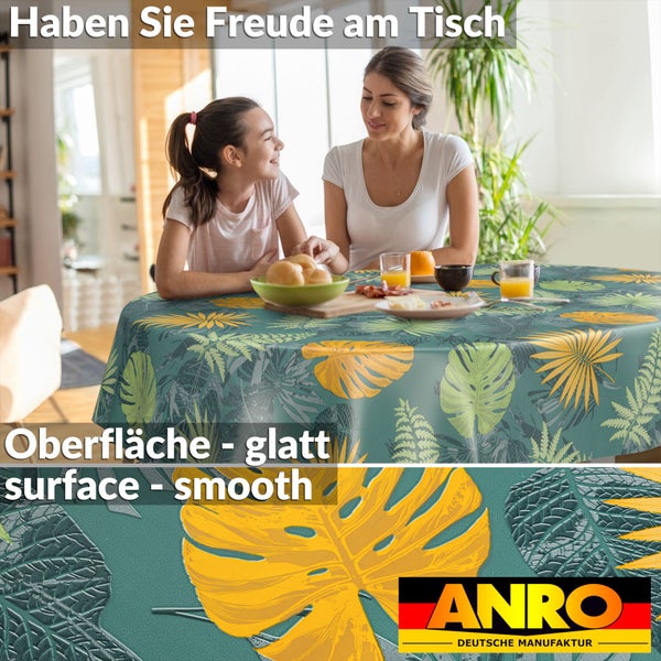 Runde Tischdecke mit tropischem Blättermuster, glatte Oberfläche, ANRO Logo, Szene mit Mutter und Kind am gedeckten Tisch.