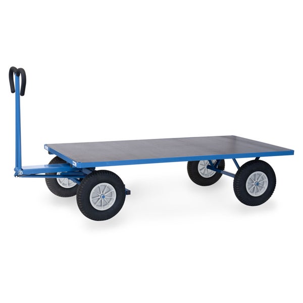 Industrie-Plattformwagen mit vier Luftreifen, großer Ladefläche aus Holz und Deichsel mit ergonomischem Handgriff.