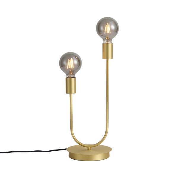 U-förmige Tischleuchte aus goldfarbenem Metall mit zwei verschieden hohen Armen und rauchgrauen Globe-Leuchtmitteln.