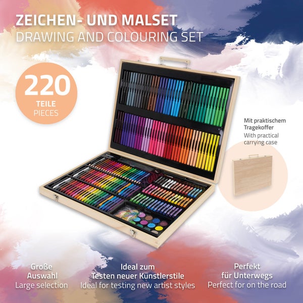 ECD Germany 220-Teiliges Malset mit Holzkoffer, Malkoffer, XXL Malkasten, Kunst- und Zeichenset, Acrylfarben Buntstifte Farbstifte Wachsmalstifte Aquarell & Zubehör, Zeichnen Künstler Set Kunstbedarf