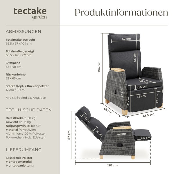 Rattansessel tectake Pescara 68,5 x 67 - 128 x 87 - 104 cm mit Aluminiumgestell grau
