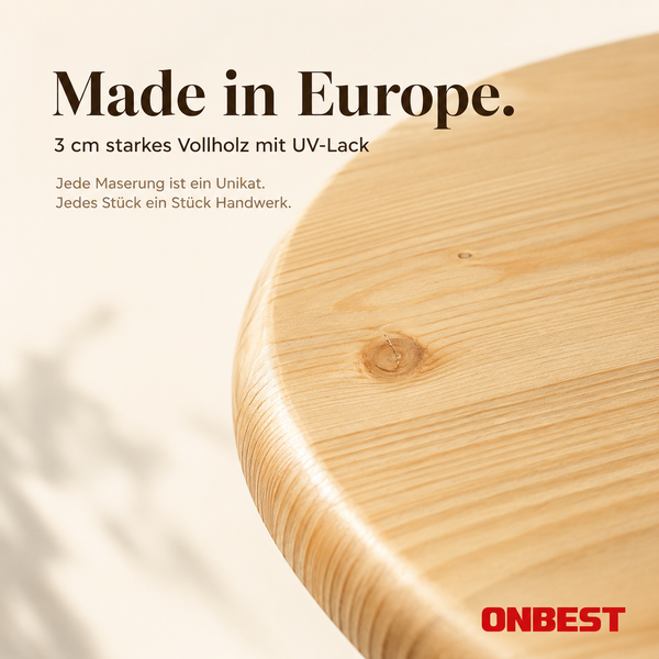 Nahaufnahme einer 3 Zentimeter starken Massivholz Tischplatte mit UV-Lack und sichtbarer Holzmaserung. Hergestellt in Europa. ONBEST Logo.