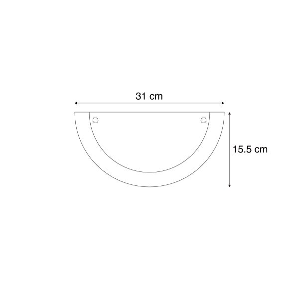 Maßzeichnung einer halbkreisförmigen Wandleuchte mit einer Breite von 31 Zentimeter und einer Höhe von 15,5 Zentimeter.