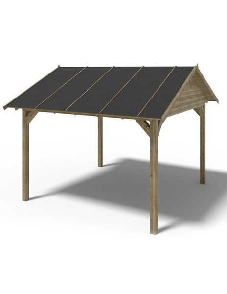 Freistehender Carport aus Holz mit einem Satteldach und dunkler Dacheindeckung