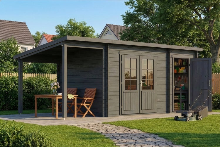 Modernes Gartenhaus aus Holz in Grau mit integriertem Vordach, Terrasse und separatem Geräteraum im sonnigen Garten.