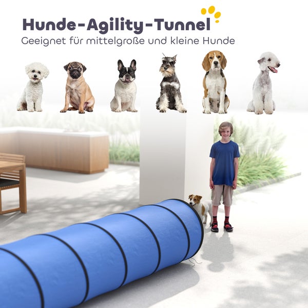 Blauer Hunde-Agility-Tunnel für kleine und mittelgroße Hunde, im Garten mit einem Kind und verschiedenen Hunderassen dargestellt.