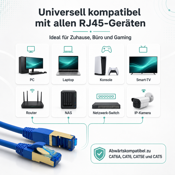 RJ45 Ethernet-Kabel, universell kompatibel mit Computer, Konsole und Smart-TV, abwärtskompatibel zu Kategorie 6A, 6, 5E und 5.