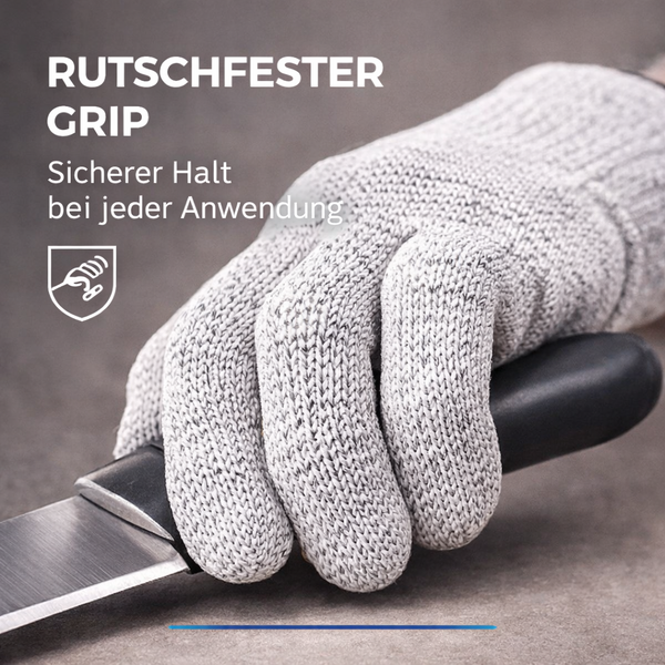 Schnittschutzhandschuh mit rutschfestem Griff beim Halten eines Messers und Symbol für sicheren Halt.