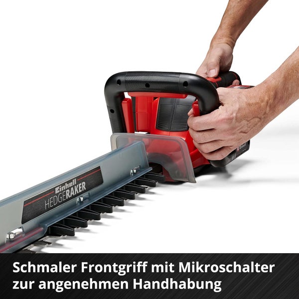 Einhell Heckenscheren Aufsatz Hedgeraker an einer Heckenschere mit schmalem Frontgriff und integriertem Mikroschalter fuer komfortable Bedienung.