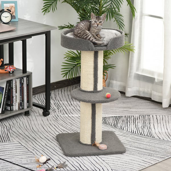 PawHut Kratzbaum klein 91 cm Katzenbaum mit Katzenbett, Katzenkratzbaum Spielbaum Kratzstamm mit Plattform für Katzen bis 5 kg Sisal Lammwolle Grau