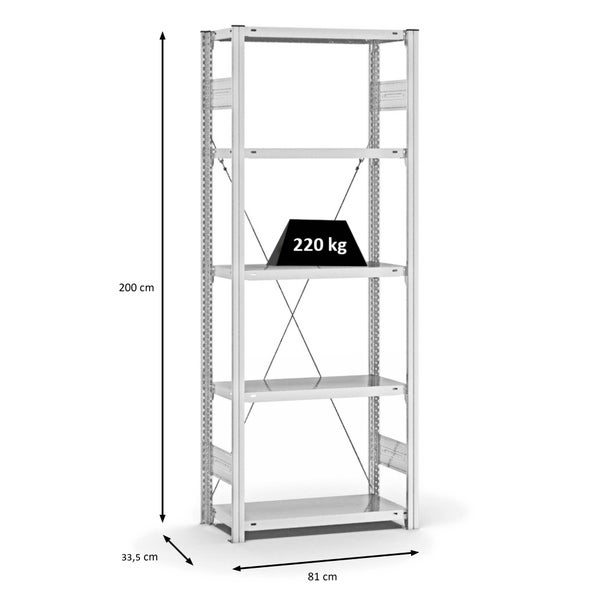 PROREGAL Fachbodenregal Stecksystem T-Profil Medium-Duty Grundregal HxBxT 200 x 75 x 30 cm 5 Ebenen Fachlast 220 kg Einseitig Nutzbar Verzinkt