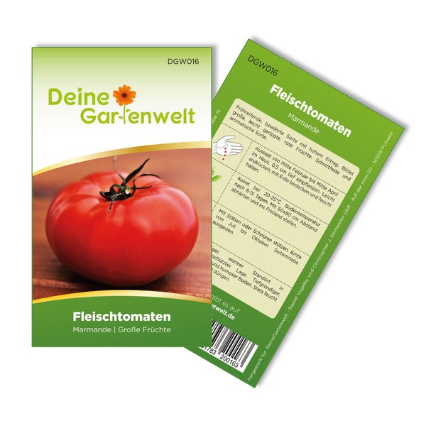 Samentüte für Fleischtomaten Marmande mit Deine Gartenwelt Logo, Abbildung einer Tomate und Aussaatanleitung auf der Rückseite.