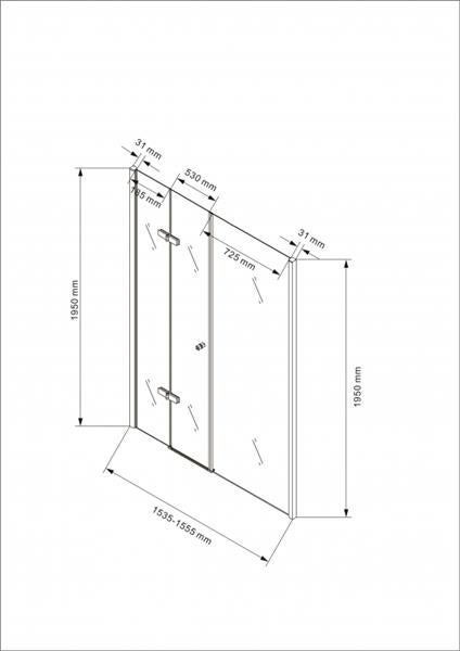 Technische Zeichnung einer Duschkabine mit Maßangaben