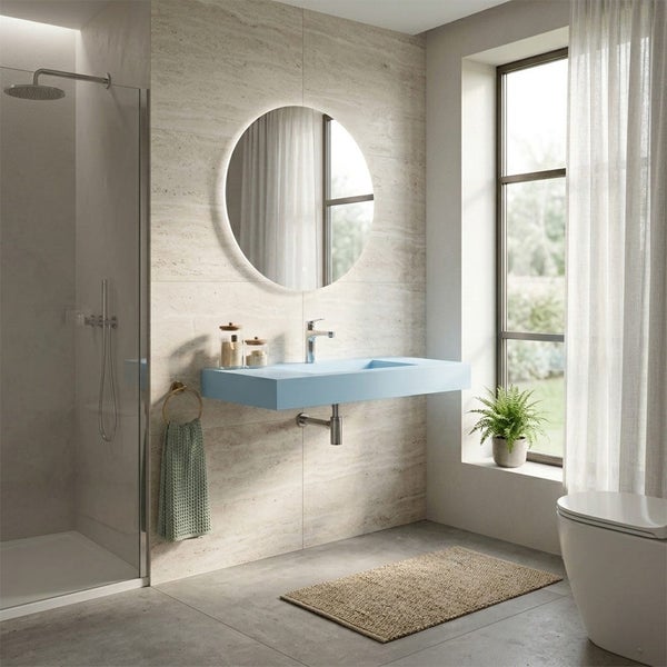 Modernes Badezimmer mit hellblauem Hängewaschbecken, rundem beleuchtetem Spiegel, Glasdusche und Wandfliesen in Natursteinoptik.