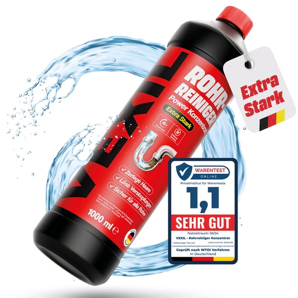 Vexil Rohrreiniger Power Konzentrat 1000 Milliliter Flasche mit Extra Stark Kennzeichnung und Warentest Siegel Sehr Gut Note 1,1.