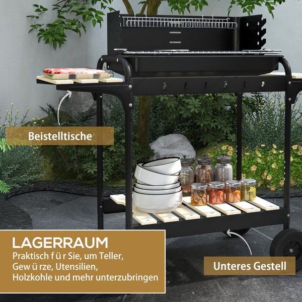 Outsunny Holzkohlegrill aus Metall höheverstellbar Grillrost, BBQ Smoker mit Räder, Holzablage, fahrbar Kohlegrill Grillwagen, Holzkohle Grill für Terrasse Camping, Barbeque, 103x47x95 cm