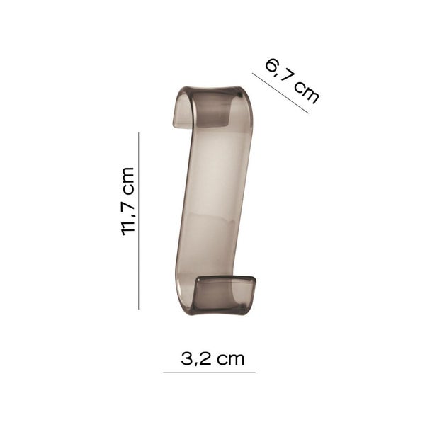 Transparenter Haken aus Kunststoff mit den Maßen: Höhe 11,7 Zentimeter, Tiefe 6,7 Zentimeter und Breite 3,2 Zentimeter.