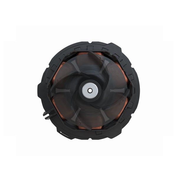 Draufsicht auf einen runden Elektromotor mit Kupferwicklungen und schwarzem Kunststoffgehäuse.