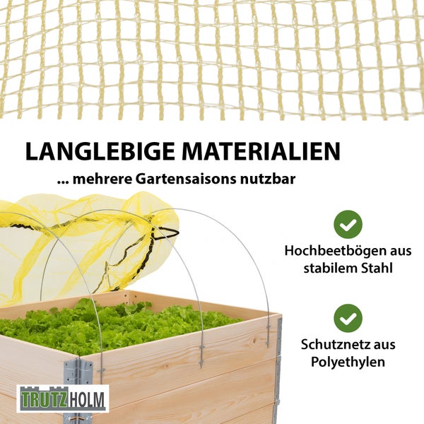 Hochbeet mit Schutznetz und Stahlbügeln für mehrere Gartensaisons, Trutzholm Logo