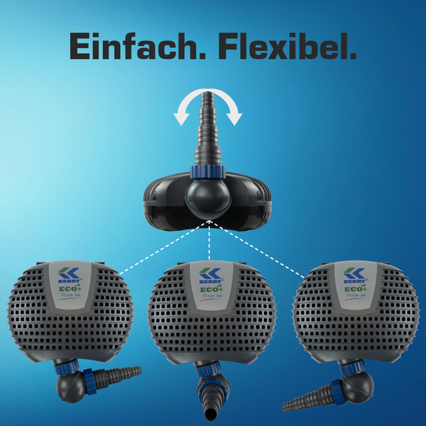 Kerry ECO+ Design line Teichpumpe mit schwenkbarem Schlauchanschluss zur Darstellung der Flexibilität in verschiedenen Positionen.
