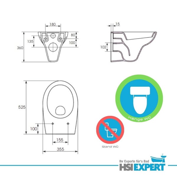 Technische Zeichnung eines Wand-WCs mit Maßangaben und Symbolen für Wand- und Stand-WC.