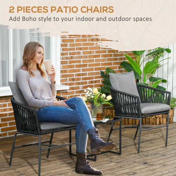 Outsunny Gartenstühle 2er-Set, mit Kissen, im Boho-Stil, 57 x 60 x 71 cm, Stahl, Polyester, Schwarz