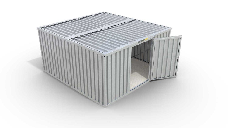 Lagercontainer Gerätehaus M2  – 12 qm, H2150 x B3050 x T4340 mm, verzinkt, mit Holzfußboden, 1270 mm Einflügeltür mittig in Breitseite, zerlegt