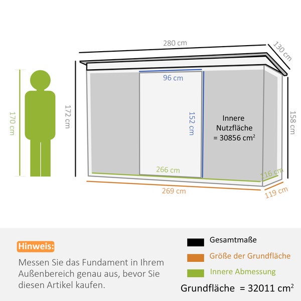 Outsunny Gerätehaus, Gartenhaus mit Schiebetür, Lüftungsfenster, Pultdach, Outdoor, 280 x 130 x 172 cm, Stahl, Dunkelgrau