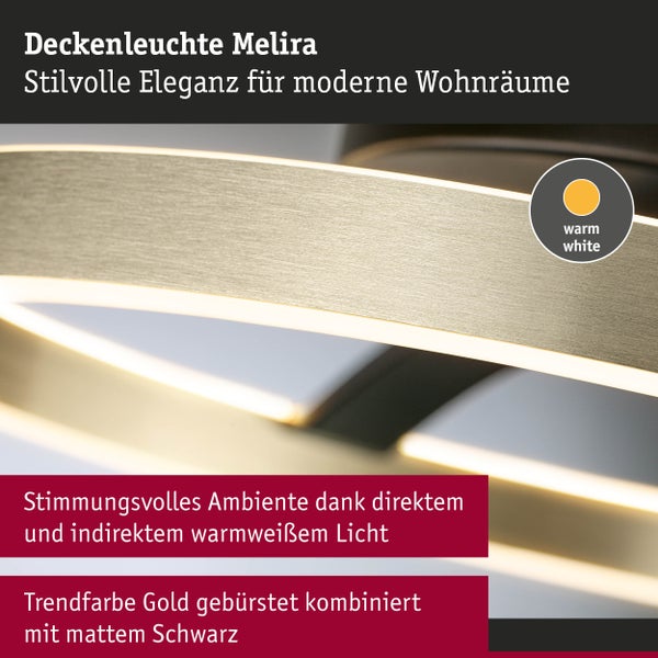 Deckenleuchte Melira in Gold gebürstet und mattem Schwarz mit direktem und indirektem warmweißem Licht.