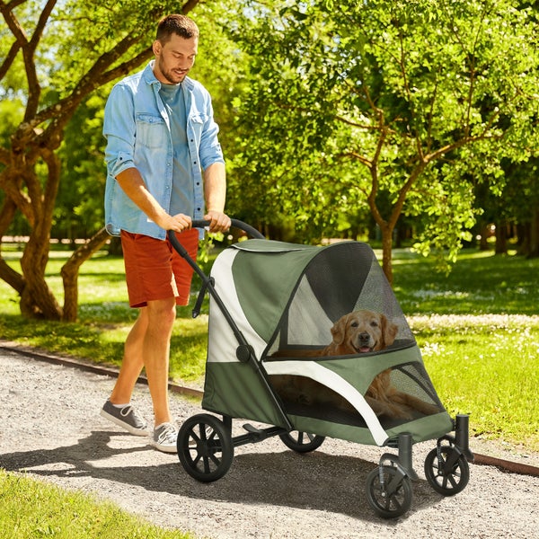 PawHut Hundewagen Hundebuggy klappbar für große Hunde & Katzen bis 30 kg Katzenbuggy mit Kissen Netzfenstern Türen Aufbewahrungstasche Katzenwagen mit Sicherheitsleinen, Bremsen, Buggy Dunkelgrün