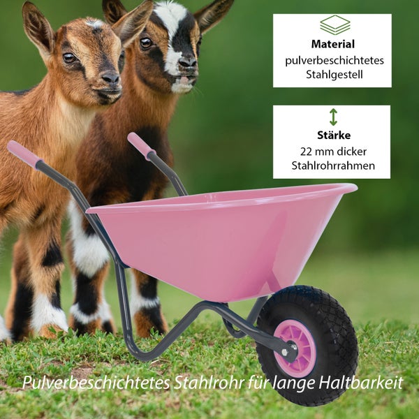 Pinke Schubkarre mit pulverbeschichtetem Stahlrohrrahmen und Ziegen im Hintergrund