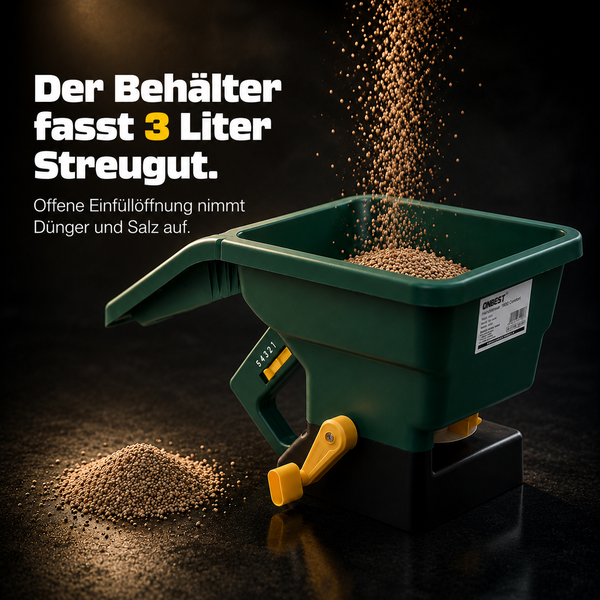 ONBEST Handstreuer aus Kunststoff mit 3 Liter Fassungsvermögen, gelber Handkurbel und Einstellskala für Dünger und Streusalz.