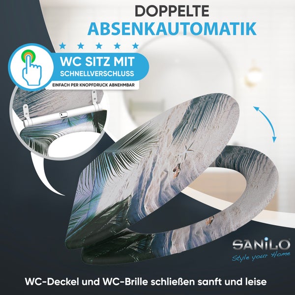 WC-Sitz mit Strandmotiv, doppelter Absenkautomatik und Schnellverschluss per Knopfdruck. Sanilo Logo.