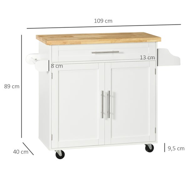 HOMCOM Küchenwagen Servierwagen mit Arbeitsplatte Küchentrolley mit Gewürzregal, Handtuchhalter für Wohnzimmer Esszimmer Weiß 109 x 40 x 89 cm