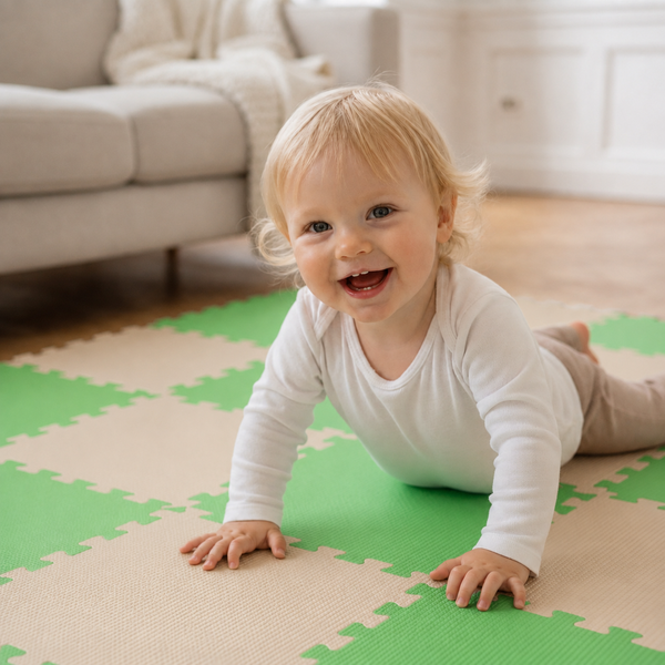 Kleinkind krabbelt auf einer quadratischen Spielmatte mit Steckverbindung im Wohnzimmer.