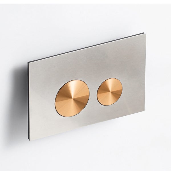 Rechteckige WC-Betätigungsplatte aus gebürstetem Metall mit zwei runden Spültasten in Kupfer-Optik.