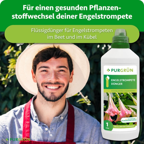 Eine Flasche Purgrün Engelstrompeten Dünger mit einem Liter Inhalt neben einem lächelnden Gärtner mit Hut vor einer Hecke.