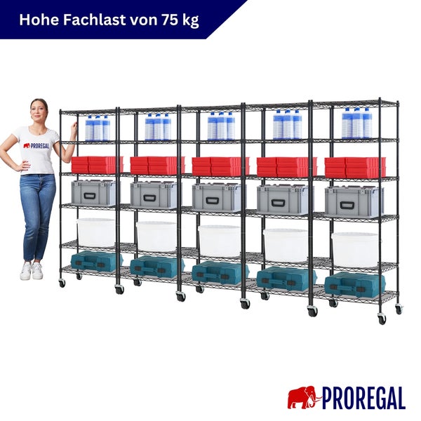 Gitterregal auf Rollen von Proregal mit fünf Fachböden und einer Traglast von 75 Kilogramm pro Fach, beladen mit Boxen und Eimern.
